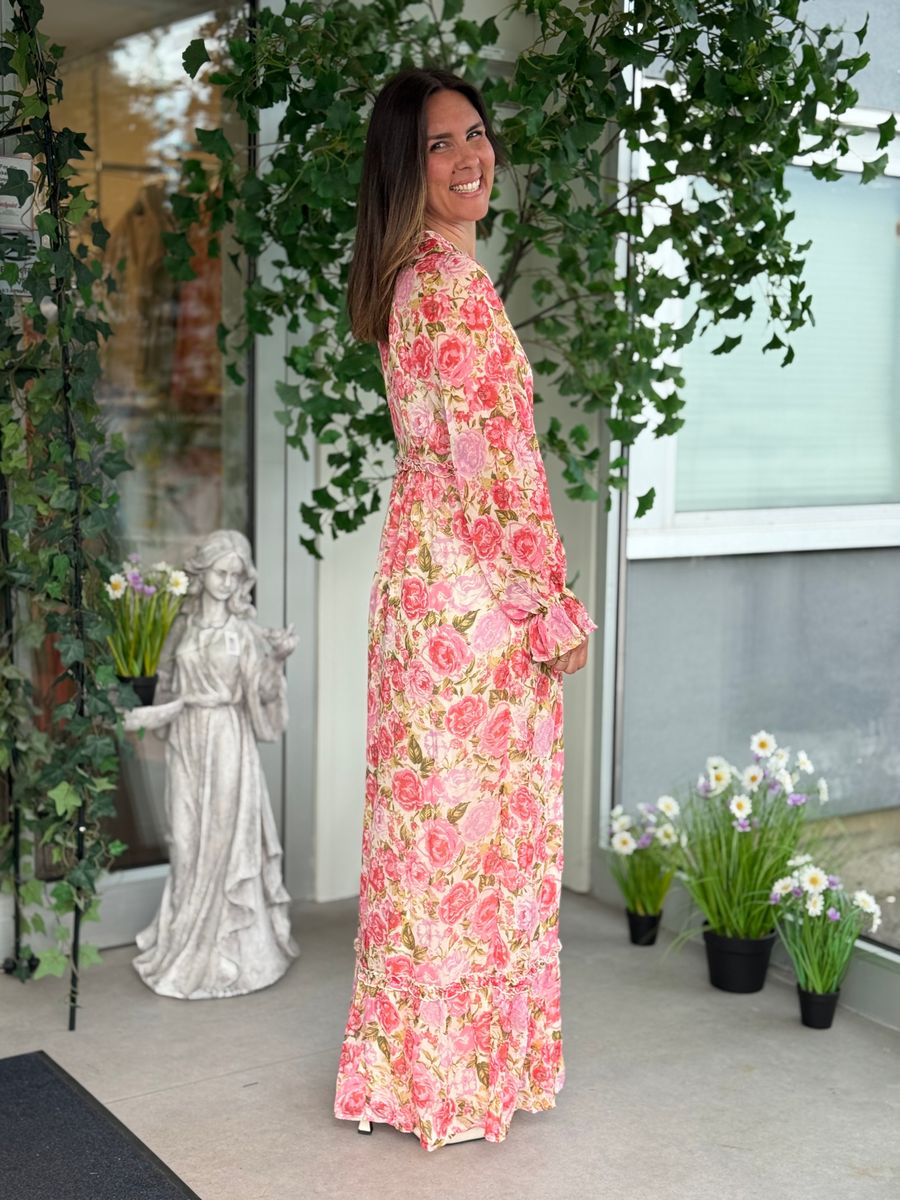 EMSA LANG KJOLE FLOWERS - ROSA/CREAM