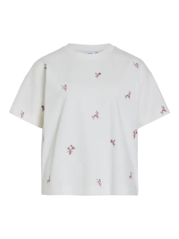 MONIE T-SHIRT M/BRODERT BLOMSTER - OFFWHITE