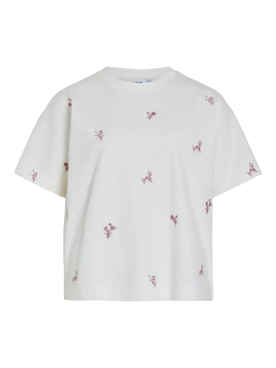 MONIE T-SHIRT M/BRODERT BLOMSTER - OFFWHITE