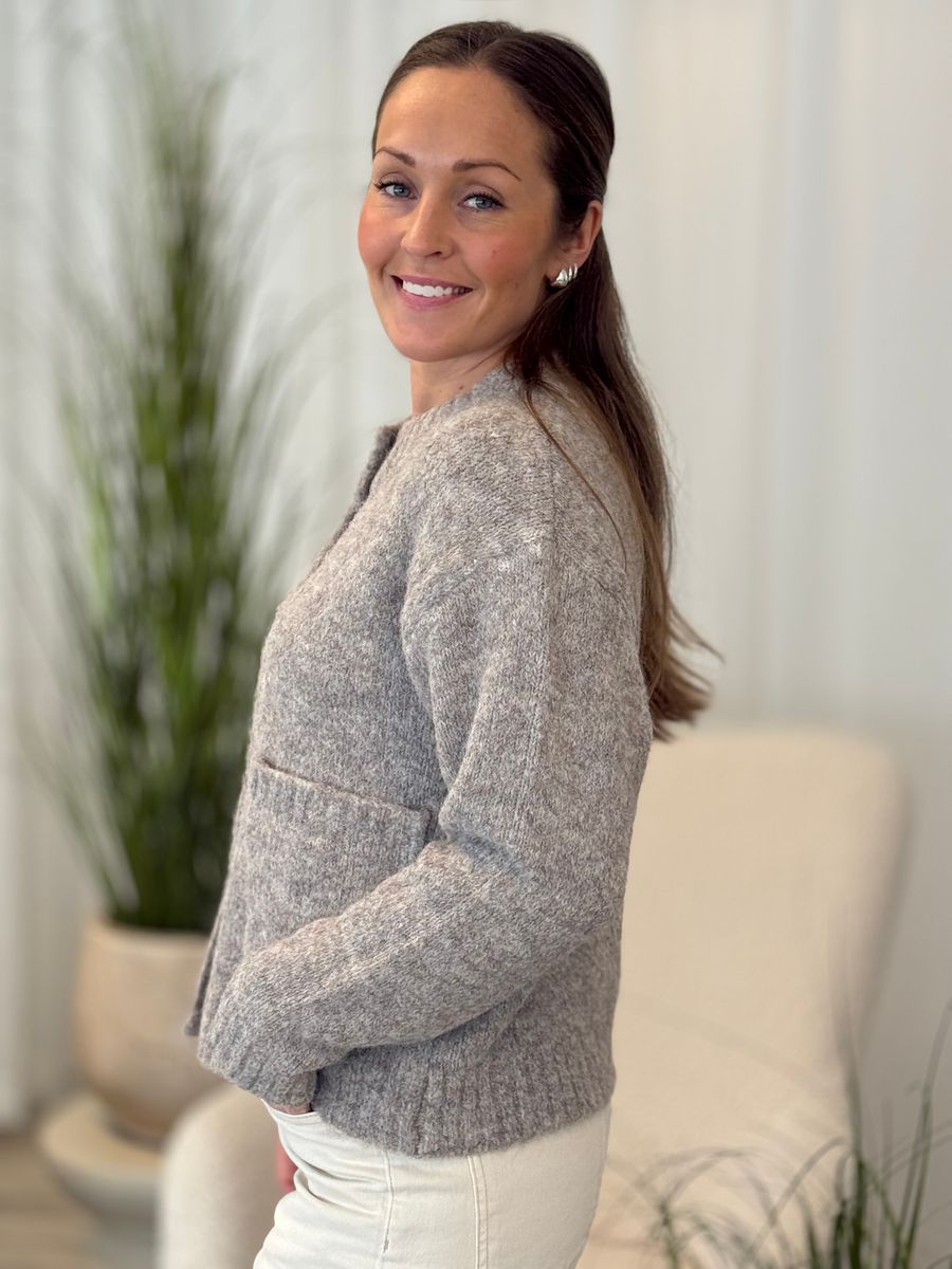 GRSLULU CARDIGAN M/LOMMER  - TAUPE MELERT