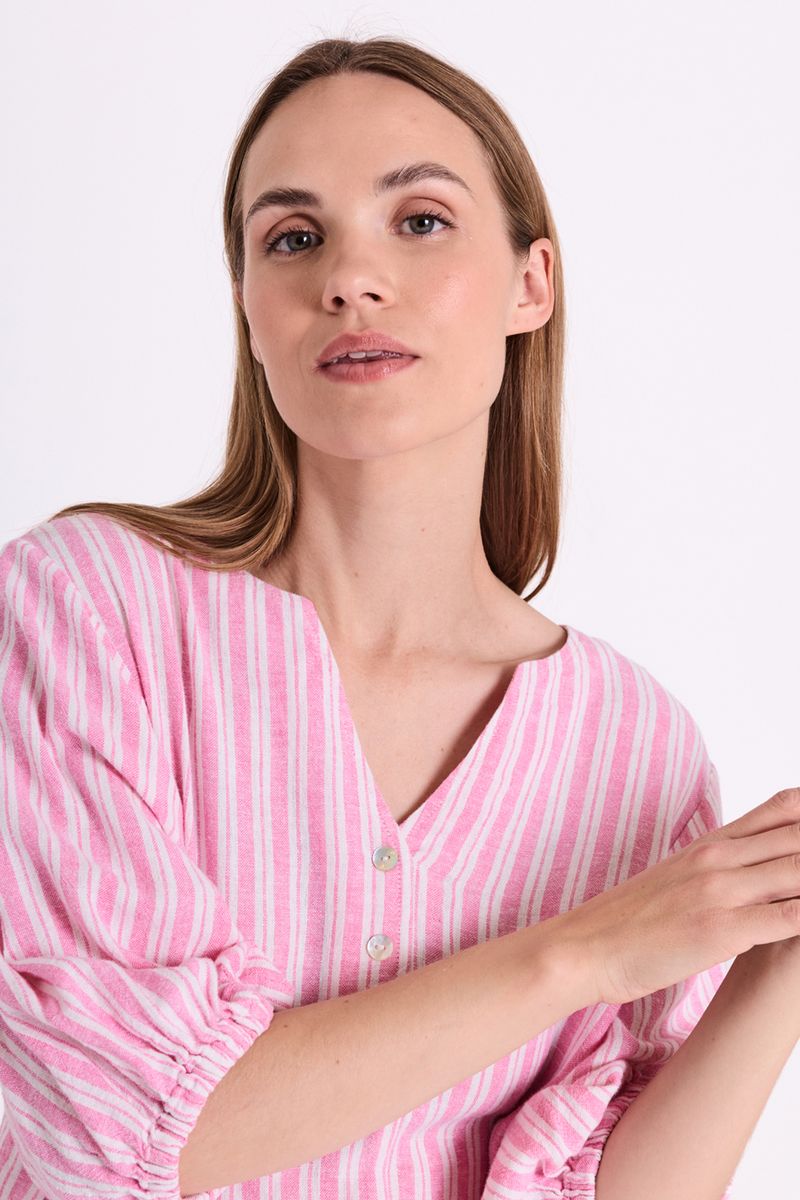 LAVA LIN/VISCOSE TOPP STRIPET - ROSA/HVIT
