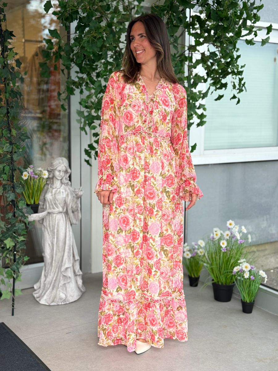 EMSA LANG KJOLE FLOWERS - ROSA/CREAM