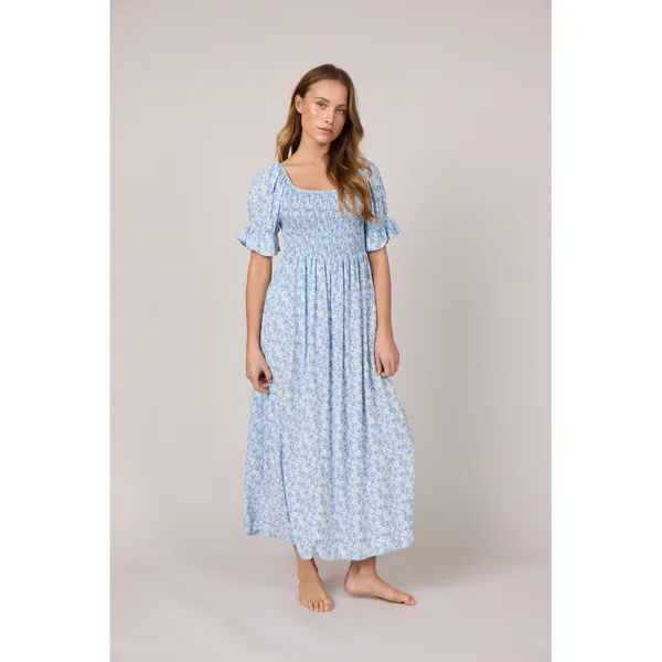 Hovedbilde ROSE LANG SMÅBLOMSTRET KJOLE - LYS BLÅ