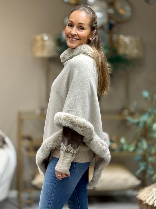 PONCHO M/LUREX & FAKE FUR - SAND