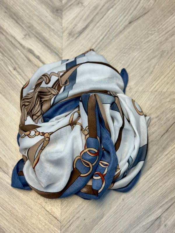 SKJERF M/ LENKE PRINT - OFFWHITE/BLÅ/BRUN